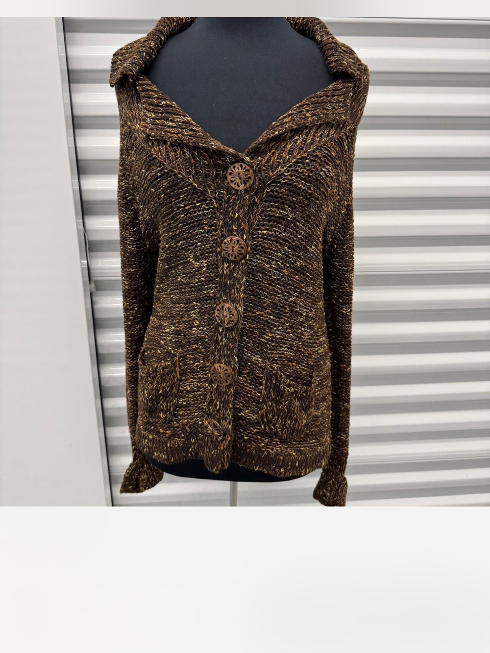 BCBG Cozy Brown Marled Knit Cardigan with Decorative Buttons